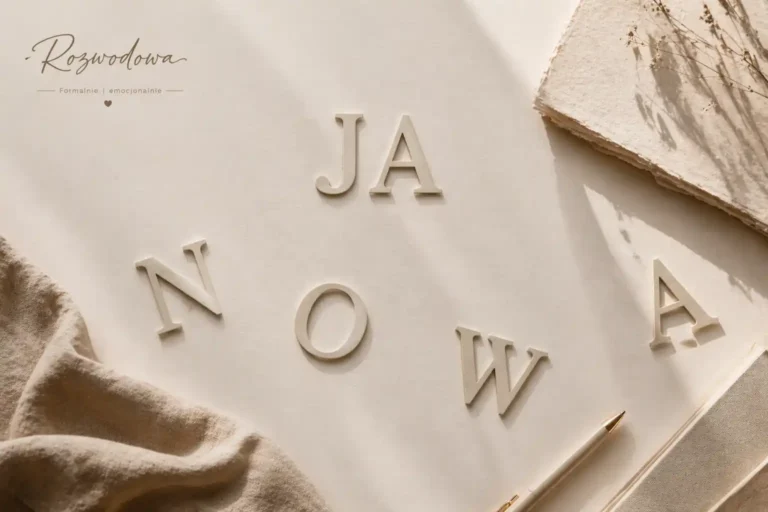 Symboliczna grafika do artykułu „Jak odzyskać siebie w trakcie rozwodu” – jasne papierowe litery „JA” oraz rozsunięte litery słowa „NOWA” na kremowym tle, jako metafora odzyskiwania siebie krok po kroku.