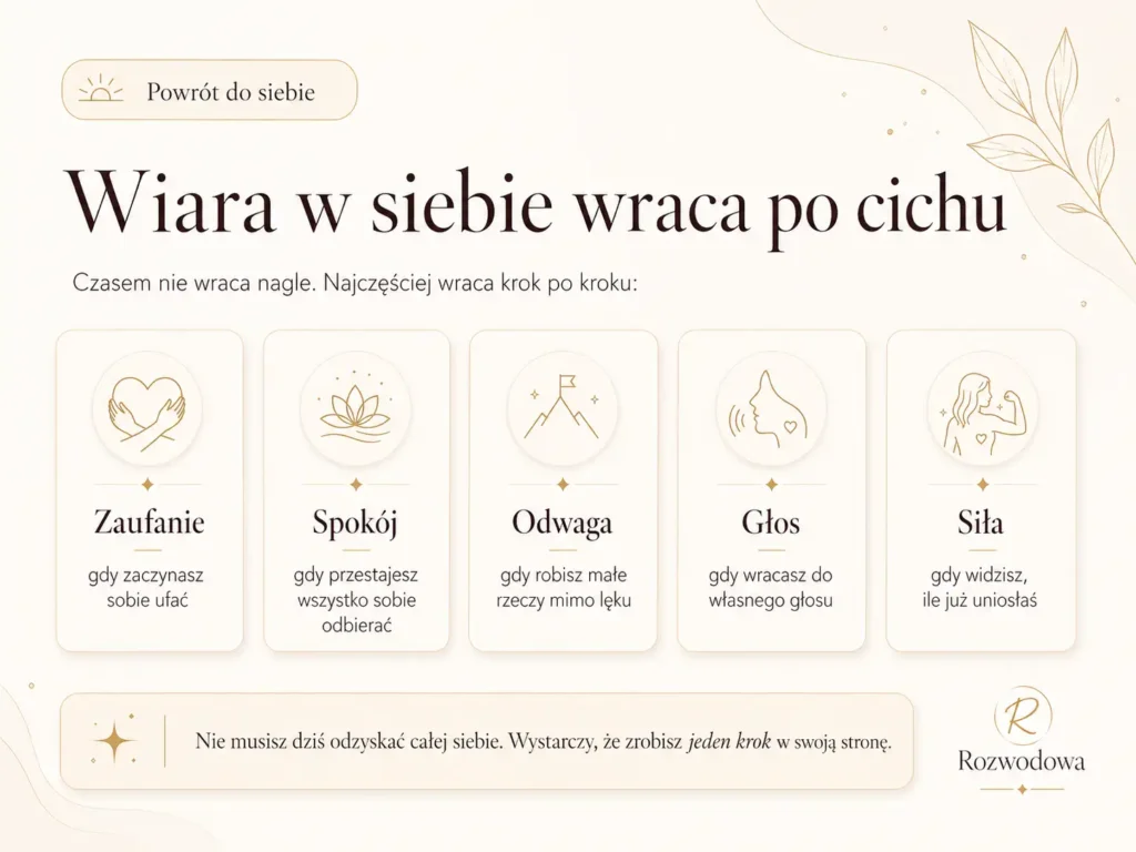 Infografika o tym, jak odzyskać wiarę w siebie po rozwodzie – wiara w siebie wraca po cichu, krok po kroku
