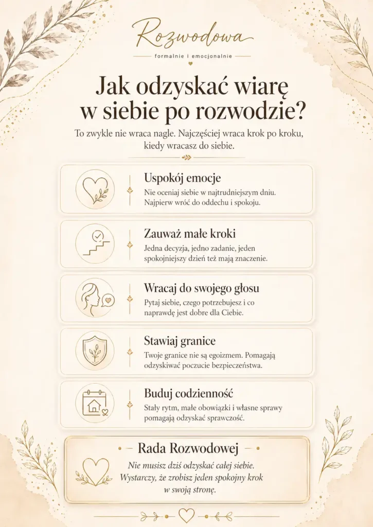 Infografika: jak odzyskać wiarę w siebie po rozwodzie i w trakcie rozstania – 5 spokojnych kroków do odzyskiwania siebie