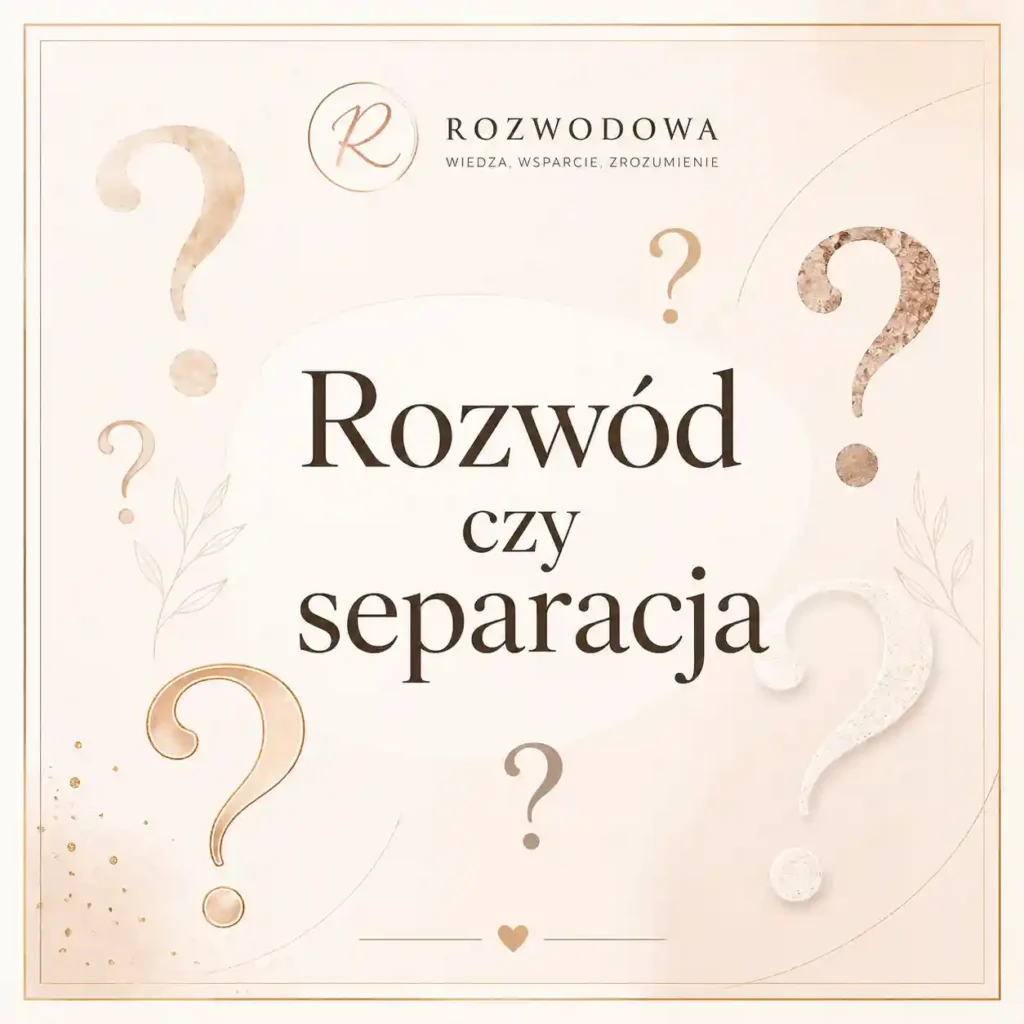 Rozwód czy separacja – elegancka infografika z pytajnikami wyjaśniająca wybór między rozwodem a separacją.