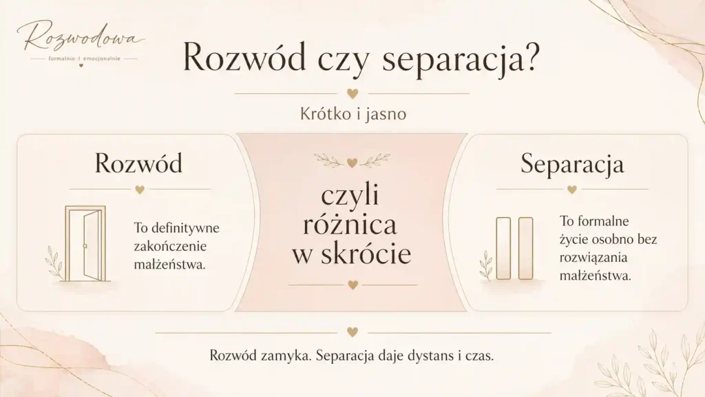 Rozwód czy separacja – pozioma infografika w stylu Rozwodowej, krótko wyjaśniająca różnicę między rozwodem a separacją.