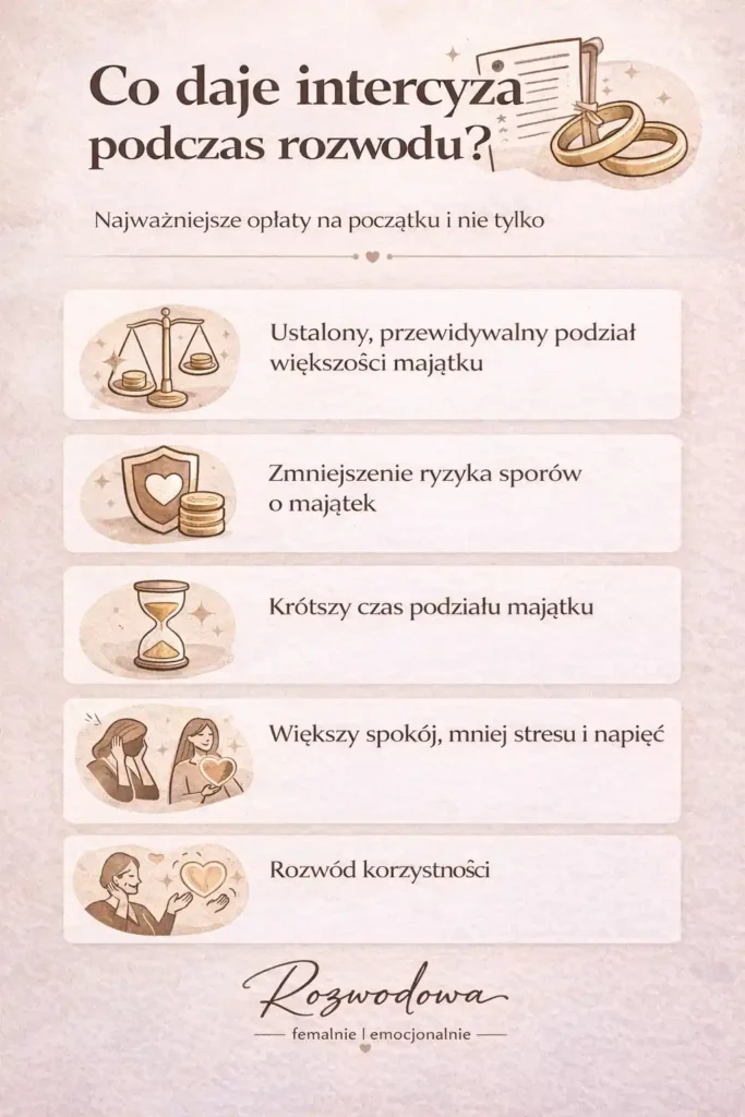 Co daje intercyza podczas rozwodu – infografika o najważniejszych korzyściach, takich jak uporządkowanie majątku, mniejsze ryzyko sporu i większa przewidywalność