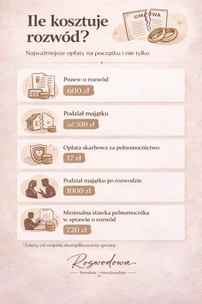 Ile kosztuje rozwód – infografika z najważniejszymi opłatami: pozew o rozwód 600 zł, pełnomocnictwo 17 zł, podział majątku i stawka pełnomocnika