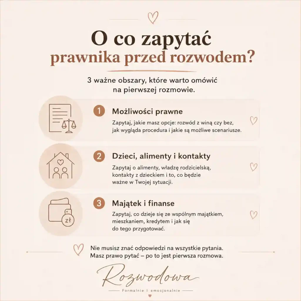 Pierwsza rozmowa z prawnikiem przed rozwodem - infografika z pytaniami o możliwości prawne, dzieci, alimenty, majątek i finanse przed rozwodem