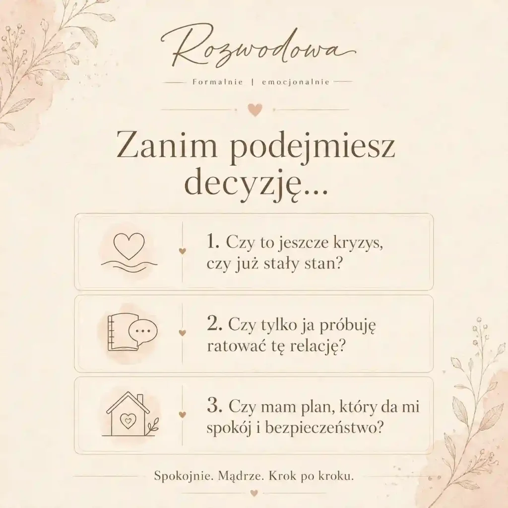 Jak podjąć decyzję o rozwodzie - grafika Rozwodowej z trzema pytaniami, które warto zadać sobie przed podjęciem decyzji.
