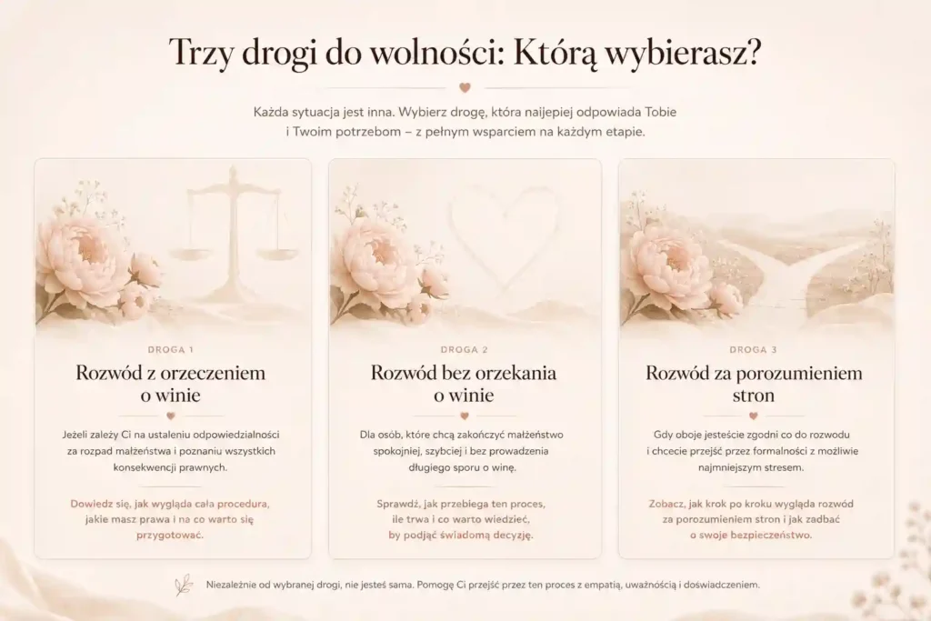 Twoja droga przez rozwód - trzy możliwe ścieżki zakończenia małżeństwa: rozwód z orzeczeniem o winie, bez orzekania o winie i za porozumieniem stron.