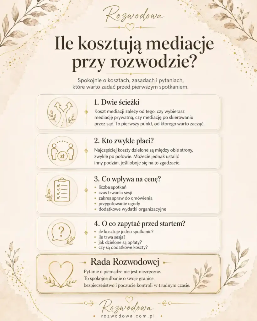 Ile kosztują mediacje przy rozwodzie – infografika wyjaśniająca koszty mediacji, podział opłat i pytania do mediatora przed spotkaniem.