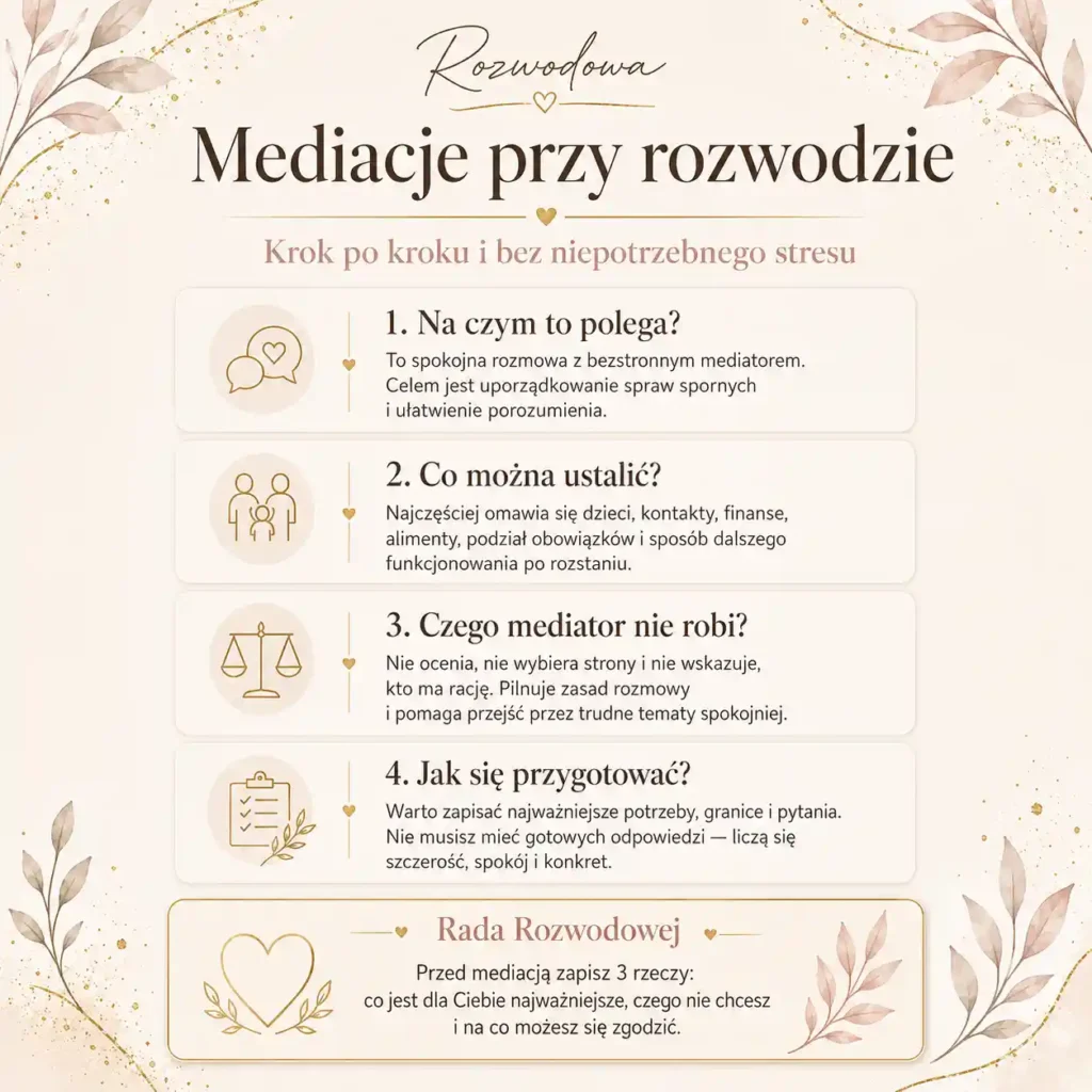 Mediacje przy rozwodzie - elegancka infografika z najważniejszymi krokami, zasadami i radą Rozwodowej.