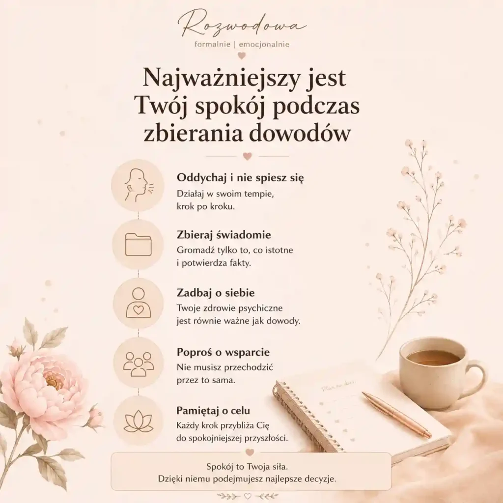 Infografika: rozwód z orzeczeniem o winie – jak zachować spokój podczas zbierania dowodów i przygotowania do rozprawy rozwodowej