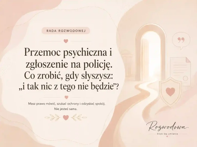 Grafika „Przemoc psychiczna i zgłoszenie na policję” z symbolem ochrony, dokumentu i otwartych drzwi prowadzących do bezpiecznej przestrzeni.