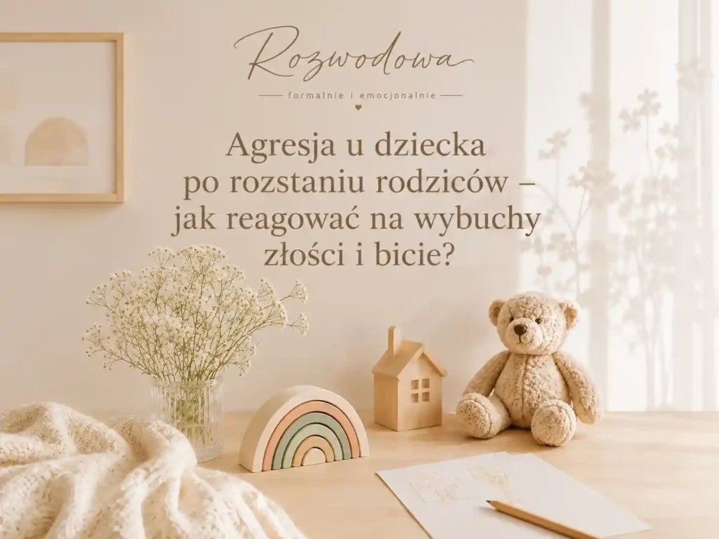 Agresja u dziecka po rozstaniu rodziców – jak reagować na wybuchy złości i bicie, grafika z misiem, drewnianym domkiem i spokojnym dziecięcym wnętrzem