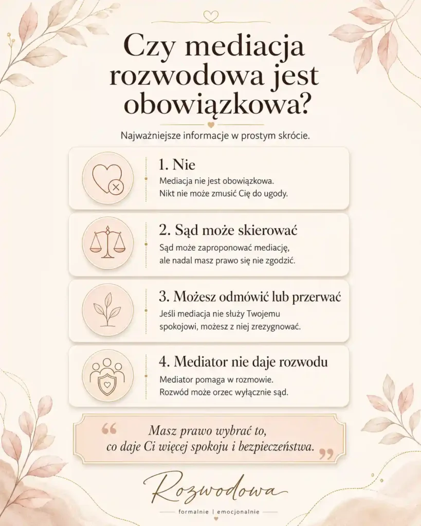 Czy mediacje rozwodowe są obowiązkowe – infografika wyjaśniająca najważniejsze zasady mediacji sądowej.