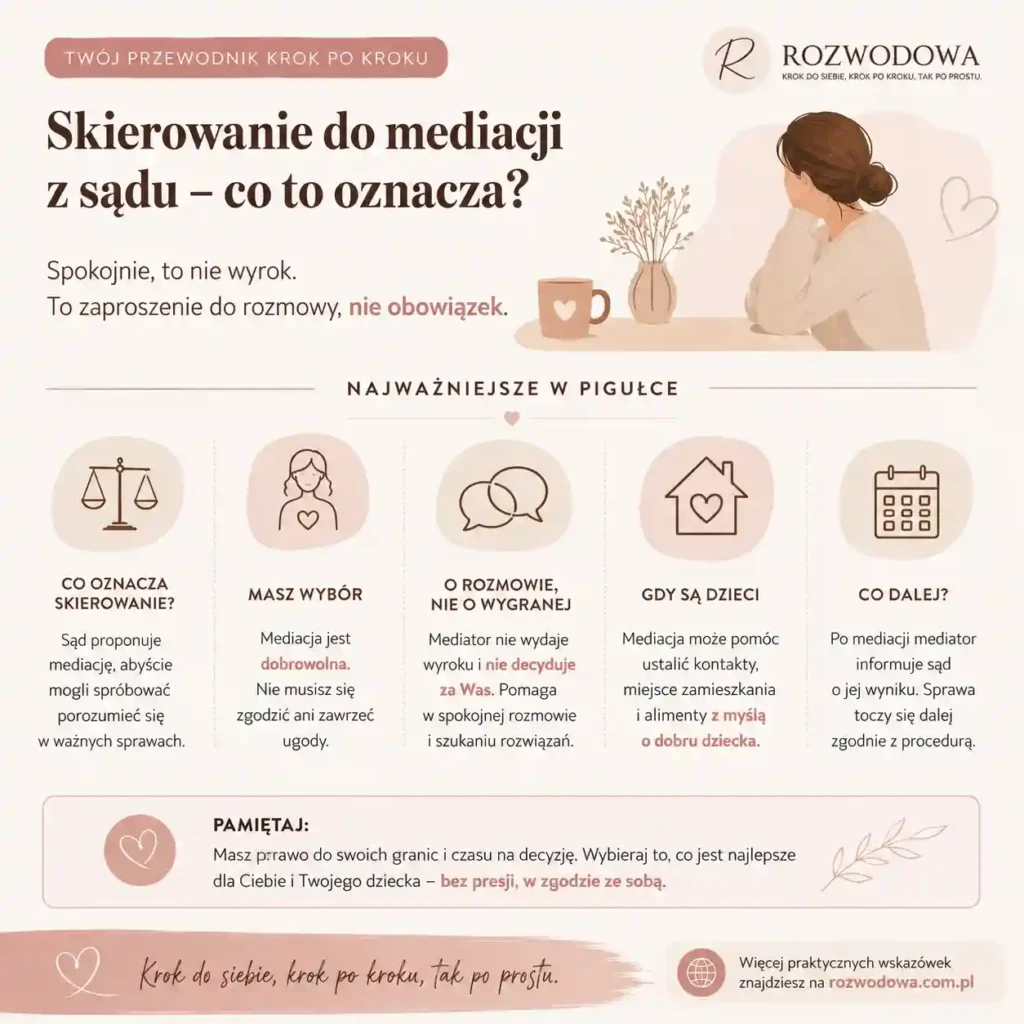 Skierowanie do mediacji z sądu – infografika wyjaśniająca, co oznacza skierowanie do mediacji i jakie masz prawa.