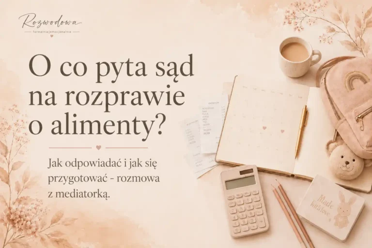 O co pyta sąd na rozprawie o alimenty – grafika do artykułu o przygotowaniu do rozprawy i odpowiadaniu na pytania sądu.