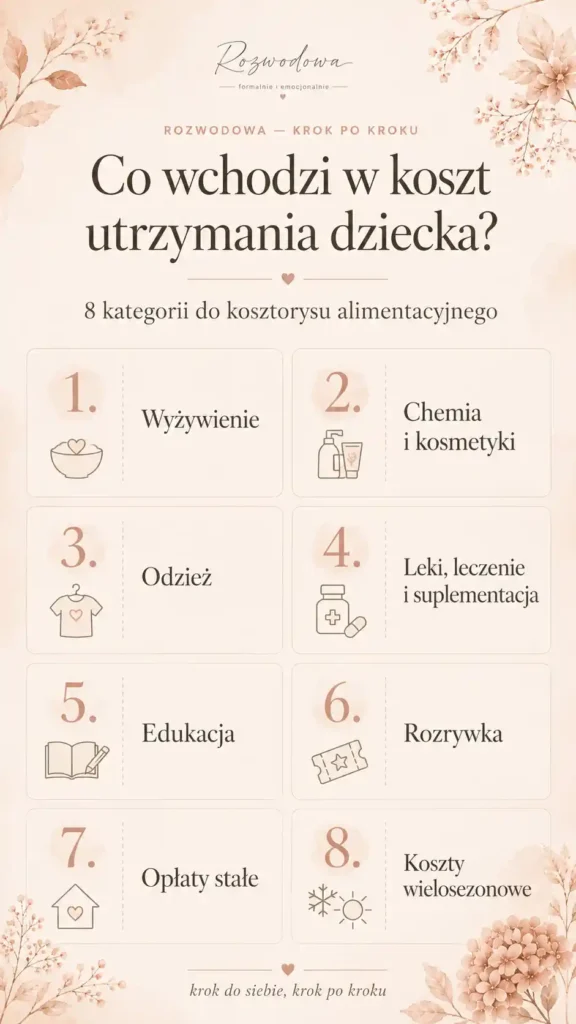 Co wchodzi w koszt utrzymania dziecka? Infografika z 8 kategoriami do kosztorysu alimentacyjnego