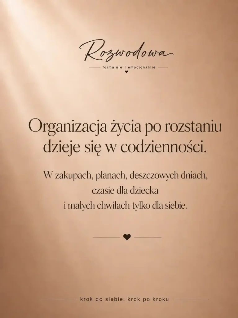 Infografika Rozwodowej o tym, że codzienność po rozwodzie i organizacja życia po rozstaniu układają się w zwykłych dniach, planach, zakupach i czasie dla siebie.