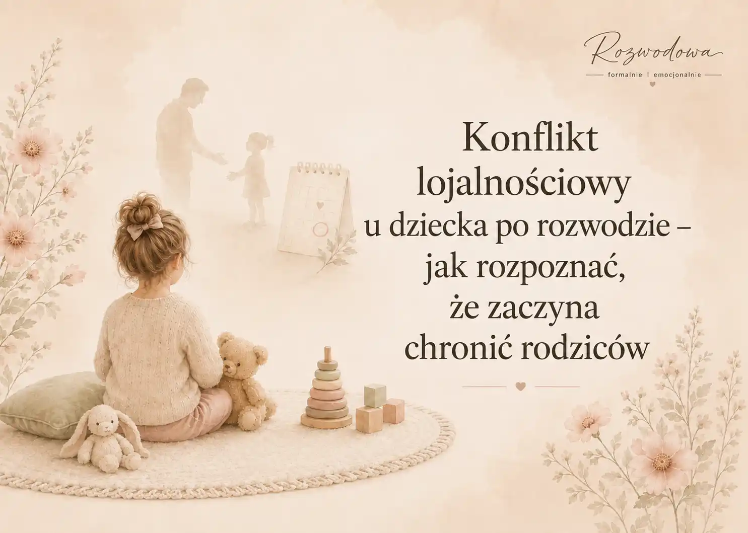 Konflikt lojalnościowy u dziecka po rozwodzie – grafika przedstawiająca dziecko między relacją z rodzicami i napięciem po rozstaniu.