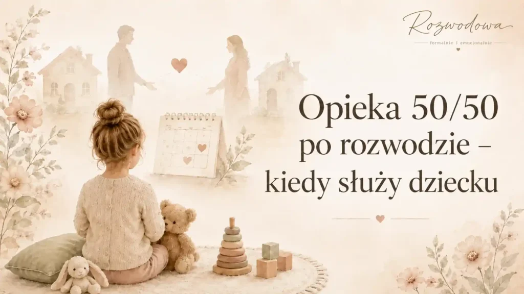 Opieka 50/50 po rozwodzie – kiedy służy dziecku? Grafika przedstawiająca dziecko między dwoma domami i kalendarzem opieki naprzemiennej.