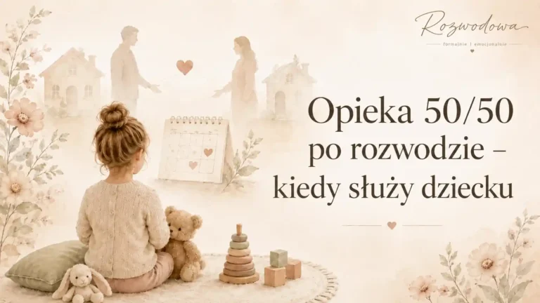 Opieka 50/50 po rozwodzie – kiedy służy dziecku? Grafika przedstawiająca dziecko między dwoma domami i kalendarzem opieki naprzemiennej.