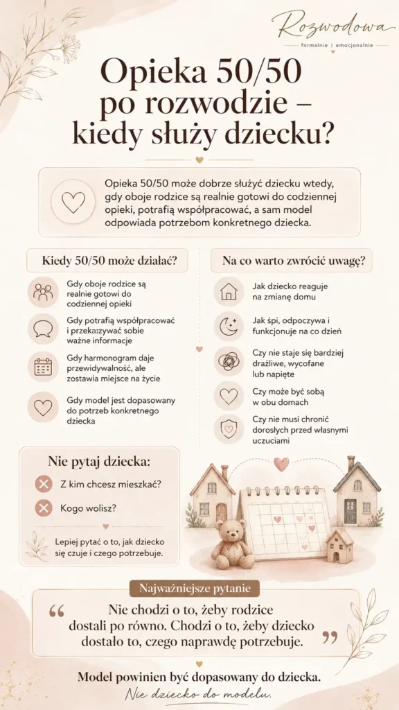 Opieka 50/50 po rozwodzie – kiedy służy dziecku? Infografika o potrzebach dziecka, współpracy rodziców i funkcjonowaniu w dwóch domach.