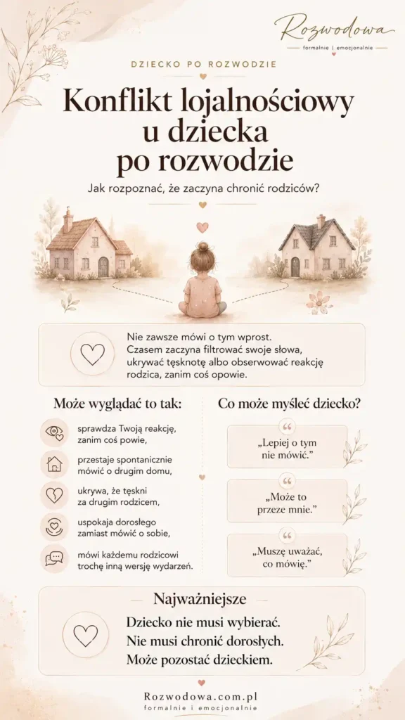 Konflikt lojalnościowy u dziecka po rozwodzie – infografika pokazująca sygnały, emocje dziecka i sytuację między dwoma domami