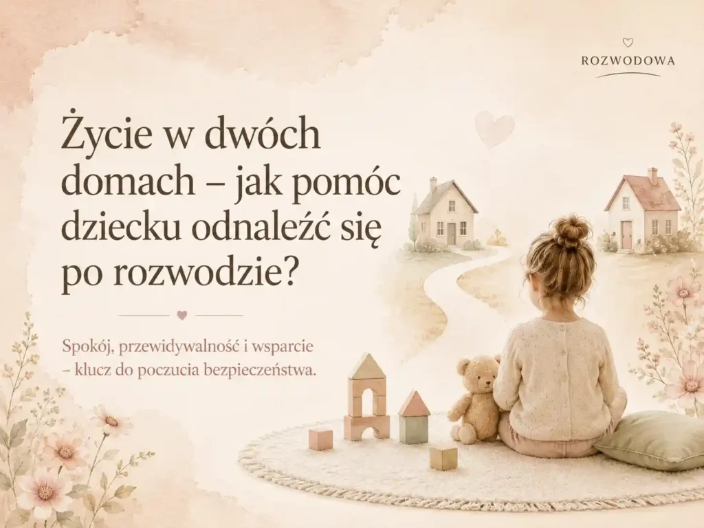 Życie w dwóch domach dziecko po rozwodzie – grafika wyróżniająca o tym, jak pomóc dziecku odnaleźć się po rozwodzie
