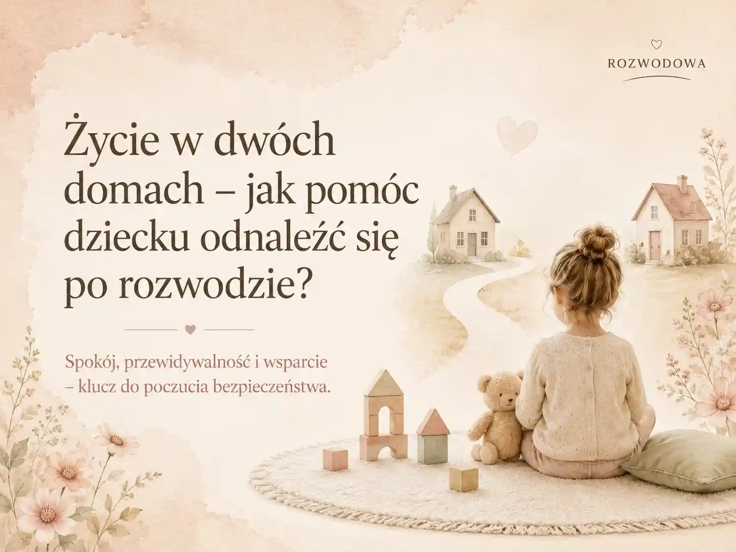 Życie w dwóch domach dziecko po rozwodzie – grafika wyróżniająca o tym, jak pomóc dziecku odnaleźć się po rozwodzie