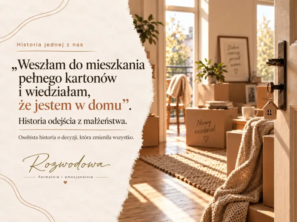 Grafika Rozwodowa z serii „Historia jednej z nas” – otwarte drzwi, kartony w mieszkaniu i cytat o odejściu z małżeństwa oraz budowaniu nowego domu.