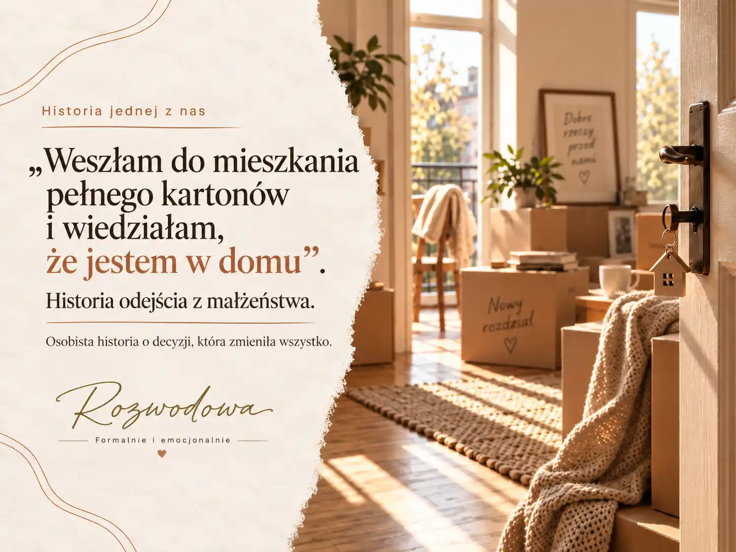 Grafika Rozwodowa z serii „Historia jednej z nas” – otwarte drzwi, kartony w mieszkaniu i cytat o odejściu z małżeństwa oraz budowaniu nowego domu.