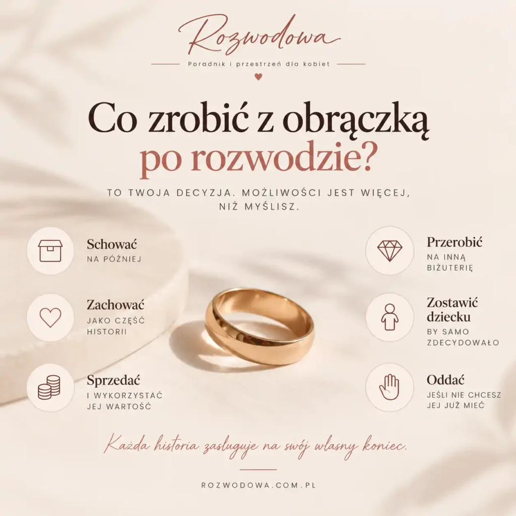 Co zrobić z obrączką po rozwodzie – infografika z możliwościami: schować, zachować, sprzedać, przerobić, oddać lub zostawić dziecku