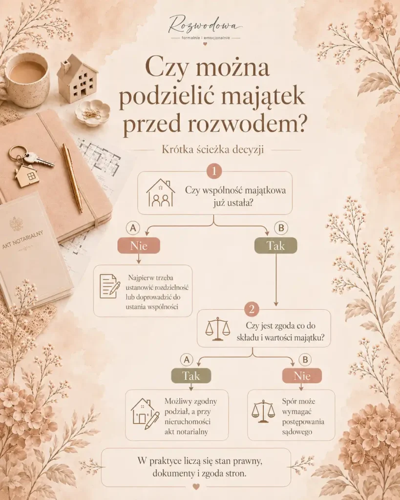 Podział majątku przed rozwodem – infografika pokazująca, kiedy możliwy jest zgodny podział majątku, a kiedy konieczne może być postępowanie sądowe.