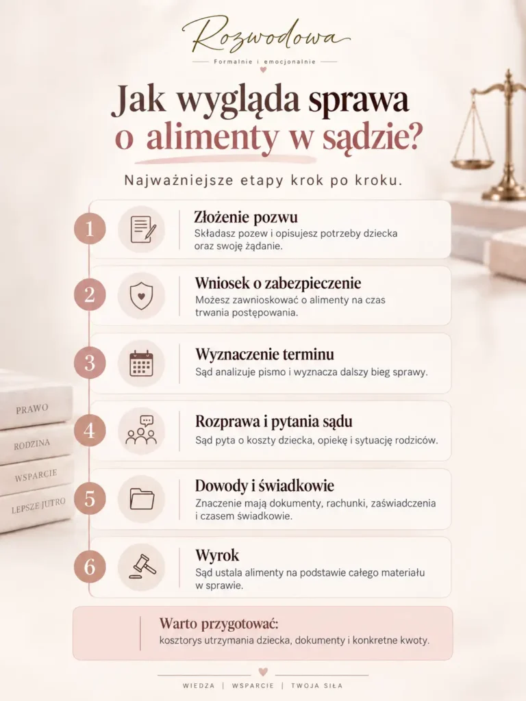 Jak wygląda sprawa o alimenty w sądzie – infografika pokazująca najważniejsze etapy postępowania krok po kroku.