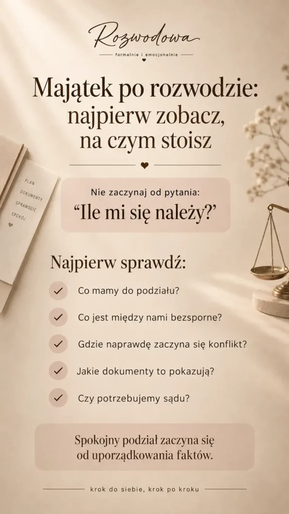 Podział majątku po rozwodzie – infografika z pytaniami, które warto sprawdzić przed podziałem majątku.