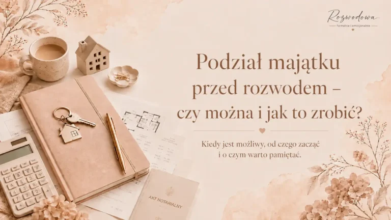 Podział majątku przed rozwodem – dokumenty, klucze do domu i kalkulator symbolizujące rozliczenie wspólnego majątku małżonków.