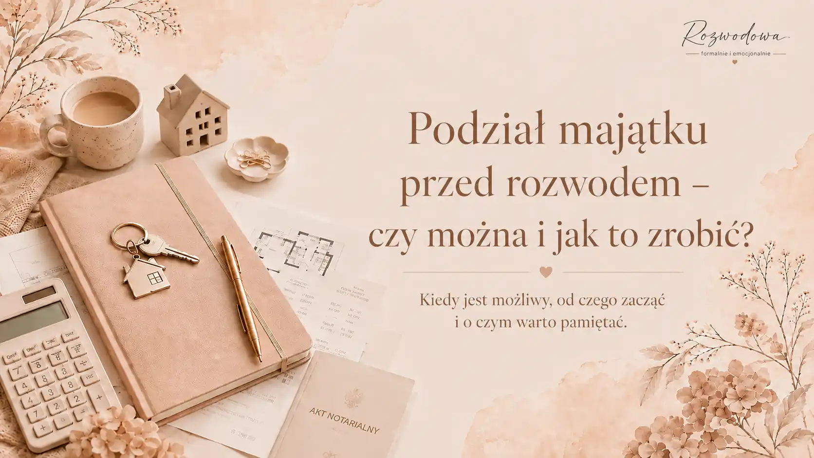 Podział majątku przed rozwodem – dokumenty, klucze do domu i kalkulator symbolizujące rozliczenie wspólnego majątku małżonków.