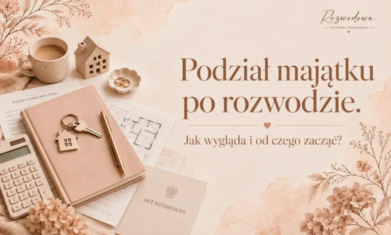 Podział majątku po rozwodzie – grafika wyróżniająca z dokumentami, kluczami do domu, kalkulatorem i aktem notarialnym.