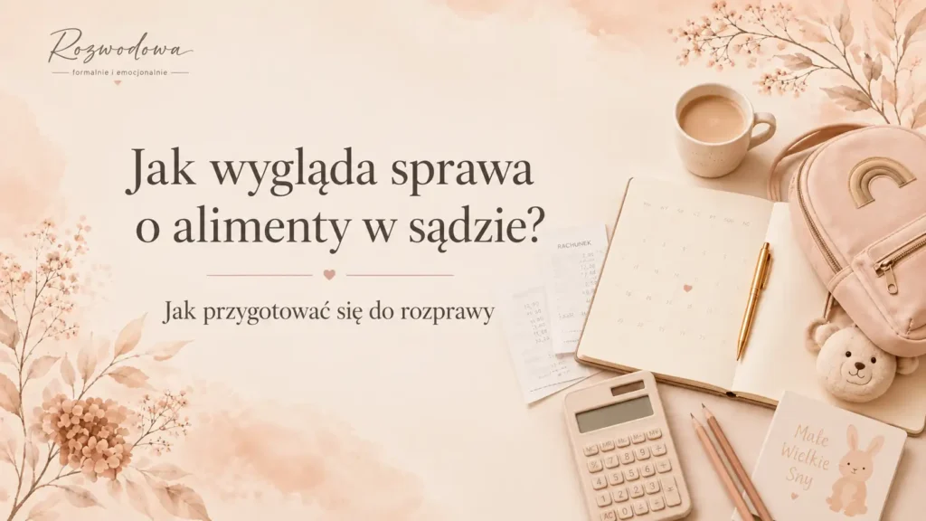 Jak wygląda sprawa o alimenty w sądzie – grafika wyróżniająca do artykułu o przebiegu postępowania i przygotowaniu do rozprawy.