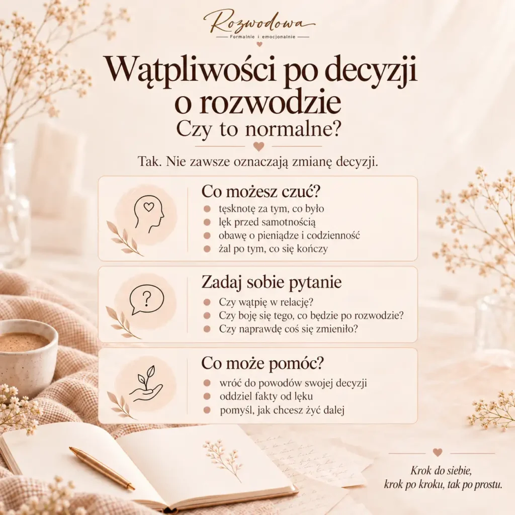 Wątpliwości po decyzji o rozwodzie – infografika o emocjach, lęku przed przyszłością i pytaniach, które pomagają uporządkować decyzję.