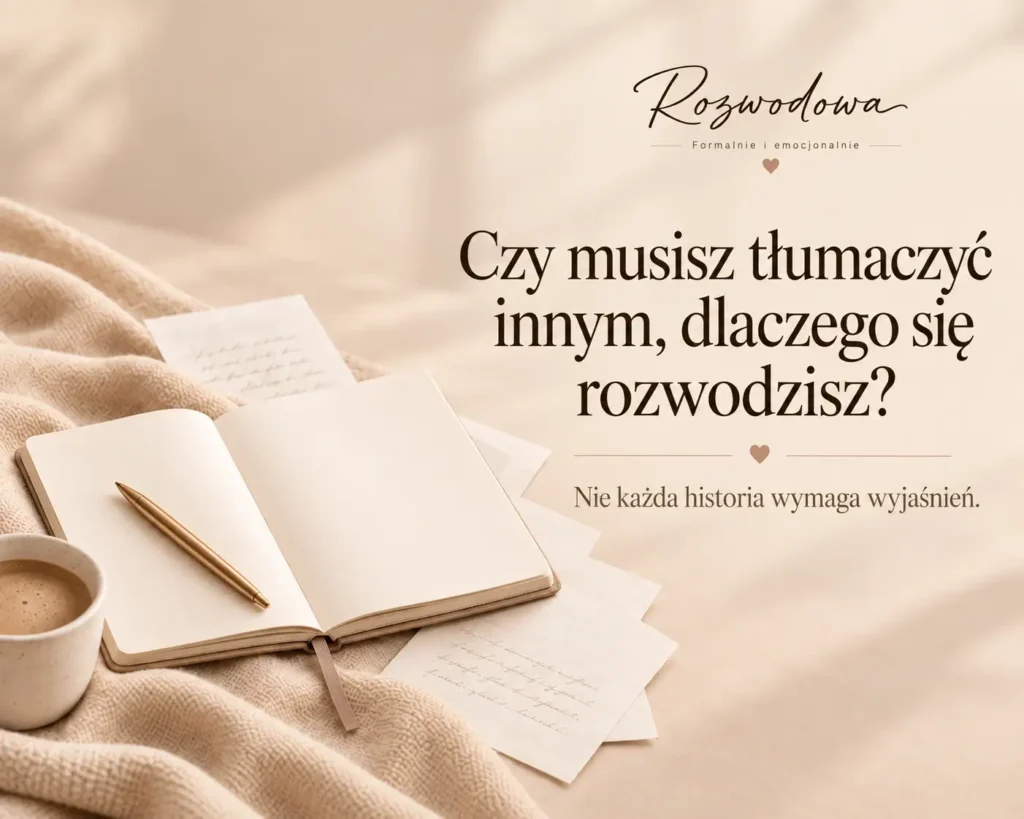 Czy musisz tłumaczyć się z rozwodu – grafika z notesem i hasłem o opowiadaniu swojej historii