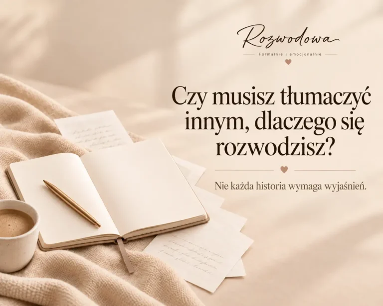 Czy musisz tłumaczyć się z rozwodu – grafika z notesem i hasłem o opowiadaniu swojej historii