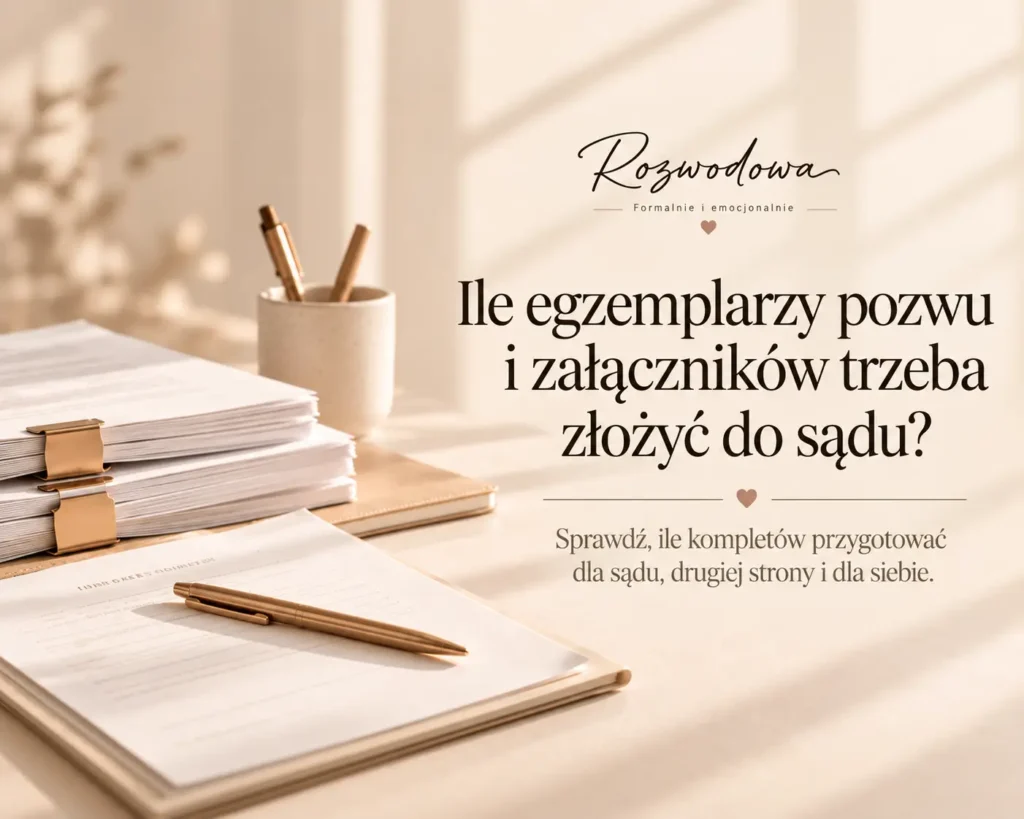 Grafika wyróżniająca do artykułu „Ile egzemplarzy pozwu i załączników trzeba złożyć do sądu?” z logo Rozwodowa, kartkami dokumentów i długopisem w minimalistycznej beżowej stylistyce.