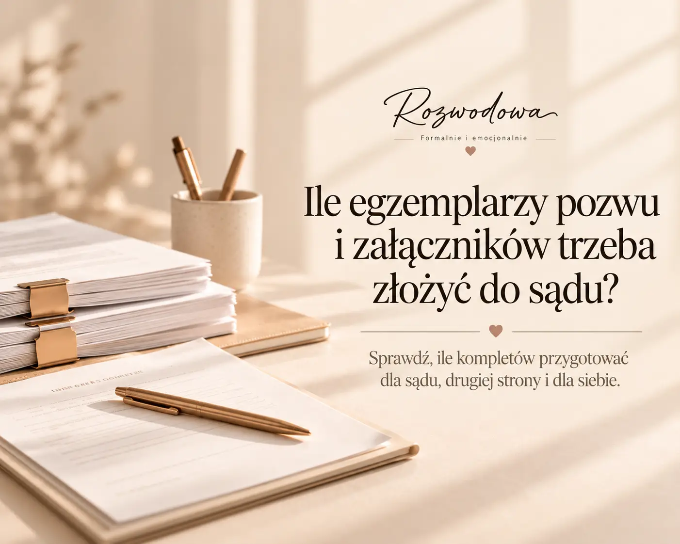 Grafika wyróżniająca do artykułu „Ile egzemplarzy pozwu i załączników trzeba złożyć do sądu?” z logo Rozwodowa, kartkami dokumentów i długopisem w minimalistycznej beżowej stylistyce.