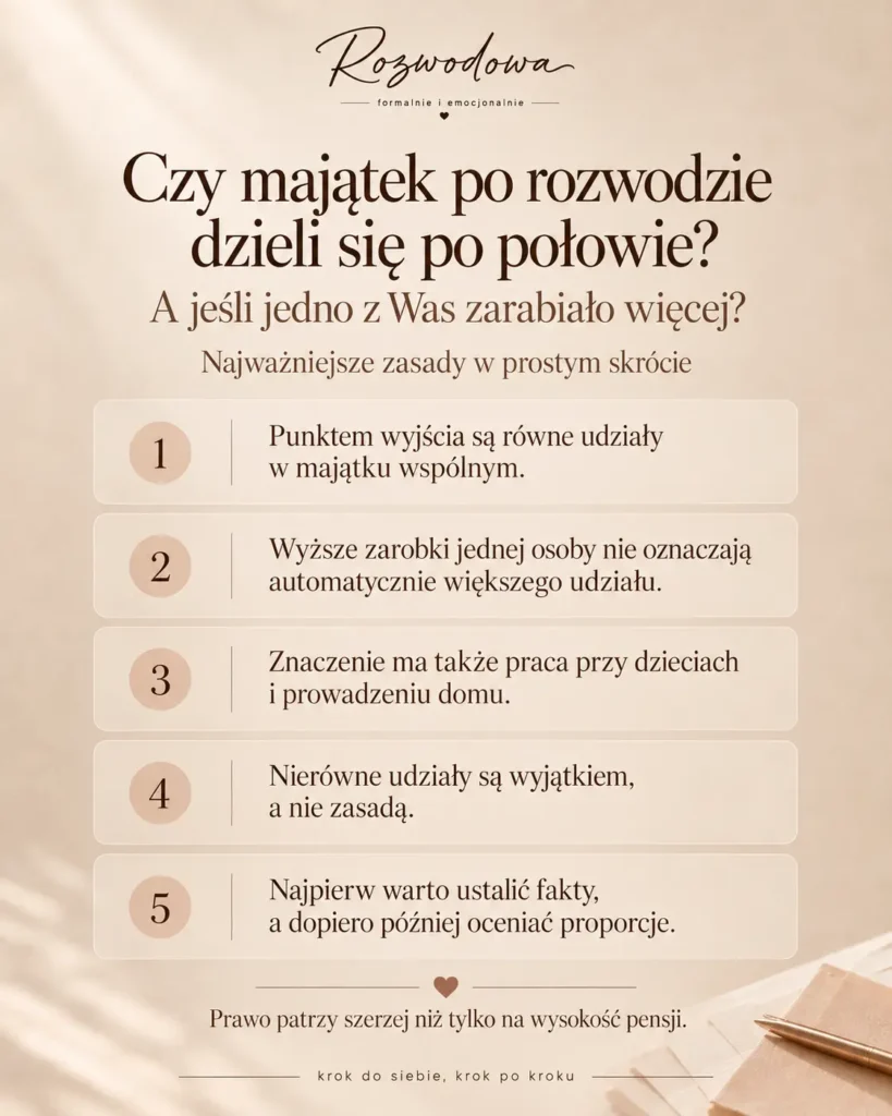 Czy majątek po rozwodzie dzieli się po połowie – minimalistyczna infografika Rozwodowej z najważniejszymi zasadami