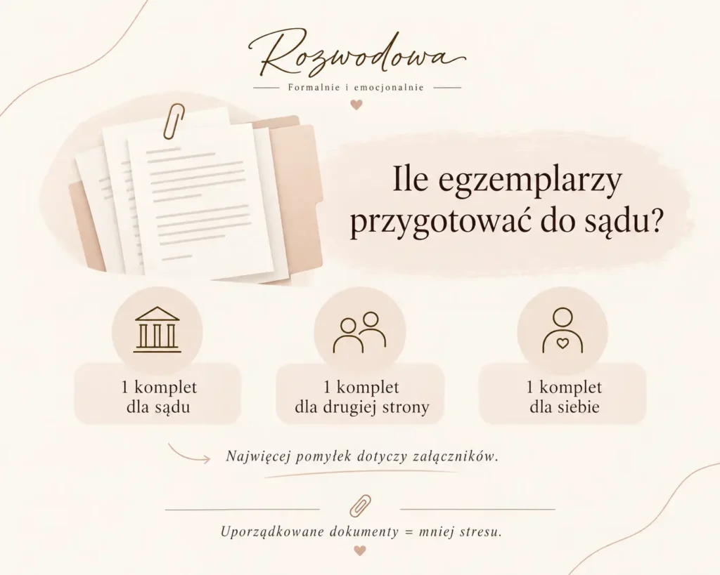 Infografika „Ile egzemplarzy przygotować do sądu?” – jeden komplet dla sądu, jeden dla drugiej strony i jeden dla siebie.