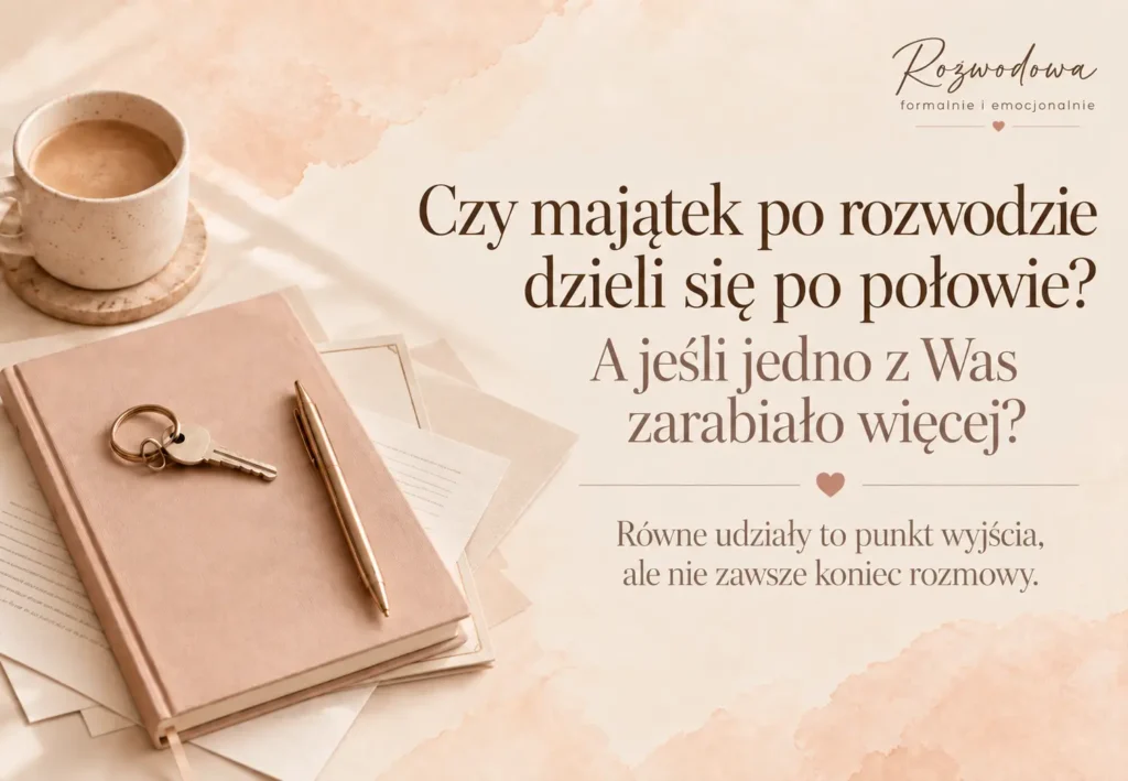 Czy majątek po rozwodzie dzieli się po połowie – grafika z notesem, kluczami, dokumentami i kawą.