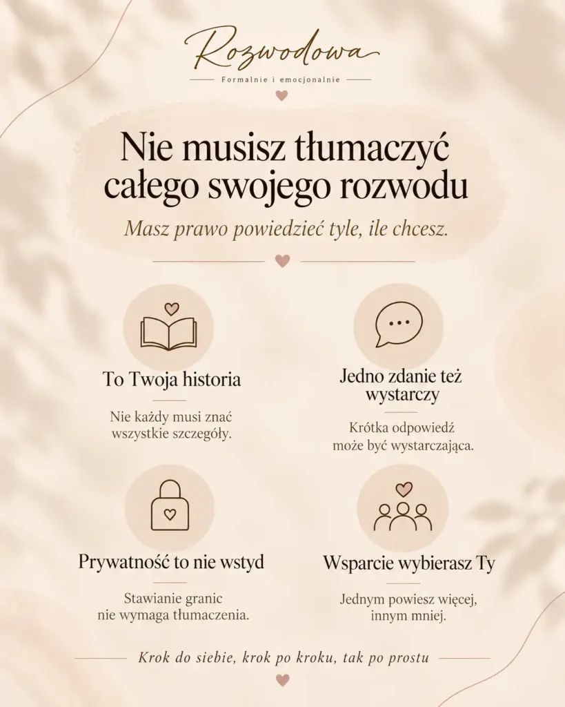 Grafika wyróżniająca artykuł „Czy musisz tłumaczyć innym, dlaczego się rozwodzisz?”. Na jasnym, beżowym tle znajduje się otwarty notes, kartki i filiżanka kawy oraz logo Rozwodowej. Grafika nawiązuje do prawa do prywatności, własnej historii i decyzji o tym, komu i ile chcemy powiedzieć o rozwodzie. Zawiera hasło „Nie każda historia wymaga wyjaśnień”.